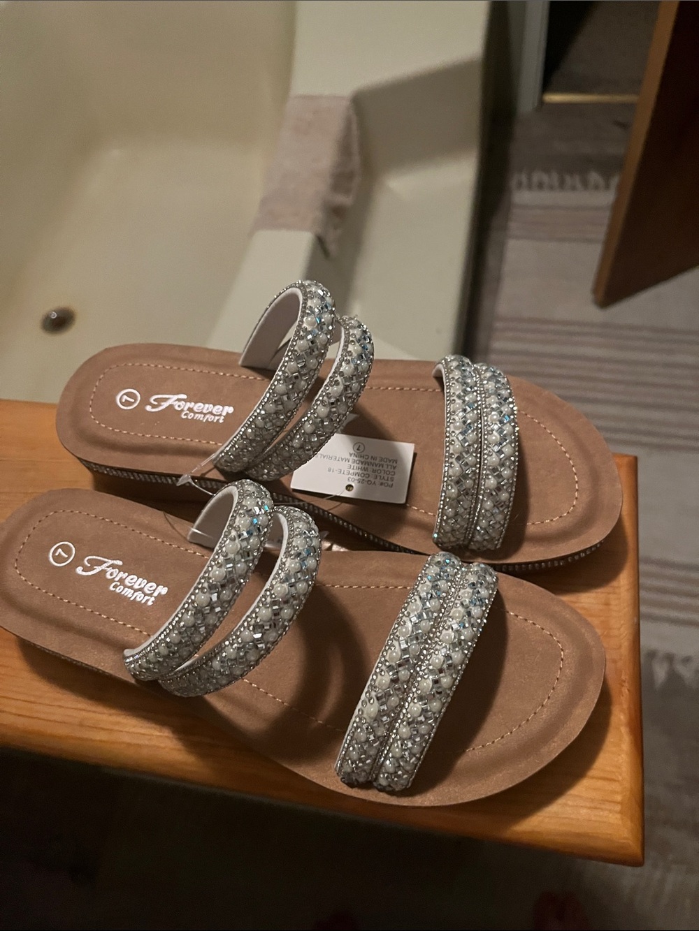 Forever Comfort Women's Silver Embellished Slide Sandals